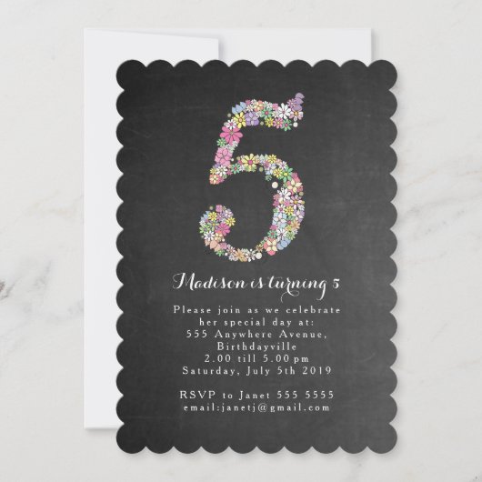 Chalkboard Girls Floral 5th Birthday Party Invite Kaart (Voorkant)