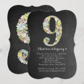 Chalkboard Girls Floral 9th Birthday Party Invite Kaart (Voorkant / Achterkant)