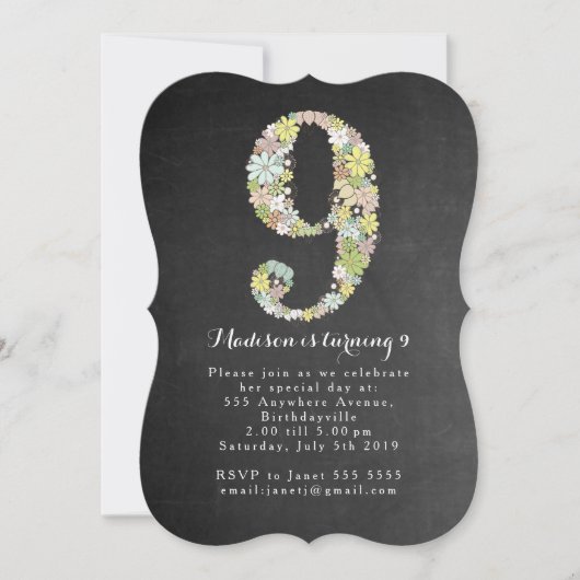 Chalkboard Girls Floral 9th Birthday Party Invite Kaart (Voorkant)