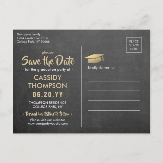 Chalkboard Gold Afstuderen Foto Bewaar de datum Briefkaart (Achterkant)
