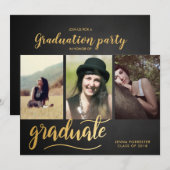 Chalkboard Gold Afstuderen script | Drie foto Kaart (Voorkant / Achterkant)