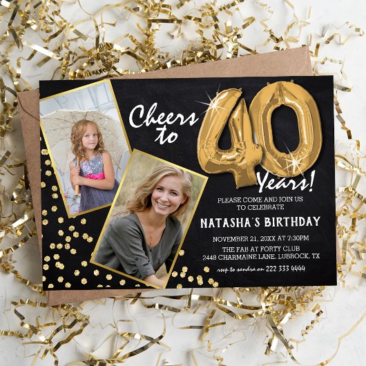 Chalkboard Gold Balloons 2 Foto 40th Birthday Kaart