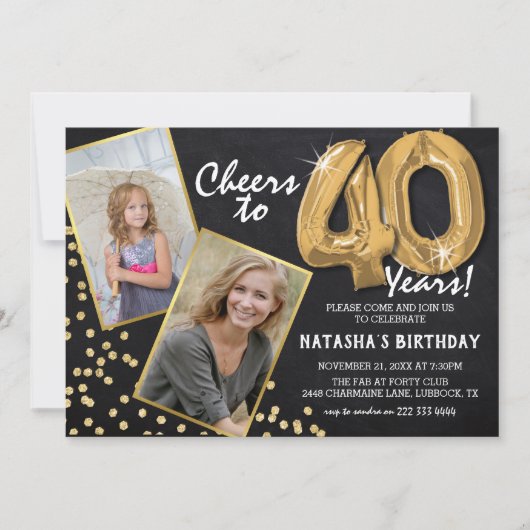 Chalkboard Gold Balloons 2 Foto 40th Birthday Kaart (Voorkant)