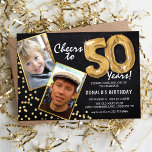 Chalkboard Gold Balloons 2 Foto 50th Birthday Kaart<br><div class="desc">Viel de BIG 50! Deze nodigt u uit om een foto te uploaden voor en na de foto van het verjaardagscadeau man of vrouw in een gouden lijst, met de titel "Cheers to 50 Years!". Met een rustige krijtbordachtergrond, gouden heliumballonnen, gouden glitterflecks en een eenvoudige sjabloon voor verjaardagsfeestjes die eenvoudig...</div>