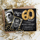 Chalkboard Gold Balloons 2 Foto 60th Birthday Kaart<br><div class="desc">Viel de BIG 60! Deze nodigt u uit om een foto te uploaden voor en na de foto van het verjaardagscadeau man of vrouw in een gouden lijst, met de titel "Cheers to 60 Years!". Met een rustige krijtbordachtergrond, gouden heliumballonnen, faux goudglitterflecks en een eenvoudige sjabloon voor verjaardagsfeestjes die eenvoudig...</div>