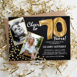 Chalkboard Gold Balloons 2 Foto 70th Birthday Kaart<br><div class="desc">Vier de mijlpaal van het stappen in de prachtige jaren '70 met deze unieke 'Chalkboard Gold Balloons 70th Birthday Invitations'. Verrijkt met een rustieke krijtbordachtergrond en glinsterende faux gold glitter flecks, stralen deze uitnodigingen charme en moderne elegantie uit. Upload een toen-en-nu foto van de verjaardagsster en pas de eenvoudig te...</div>