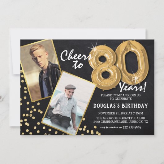 Chalkboard Gold Balloons 2 Foto 80th Birthday Kaart (Voorkant)