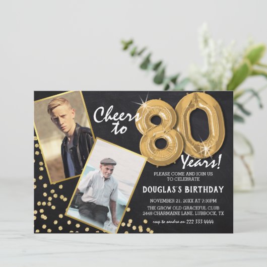 Chalkboard Gold Balloons 2 Foto 80th Birthday Kaart (Staand voorkant)