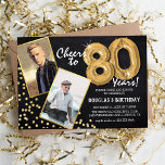 Chalkboard Gold Balloons 2 Foto 80th Birthday Kaart<br><div class="desc">Viel de BIG 80! Deze nodigt u uit om een foto te uploaden voor en na de foto van het verjaardagscadeau man of vrouw in een gouden lijst, met de titel "Cheers to 80 Years!". Met een rustige krijtbordachtergrond, gouden heliumballonnen van 80, faux gouden glitterflecks en een eenvoudige sjabloon voor...</div>