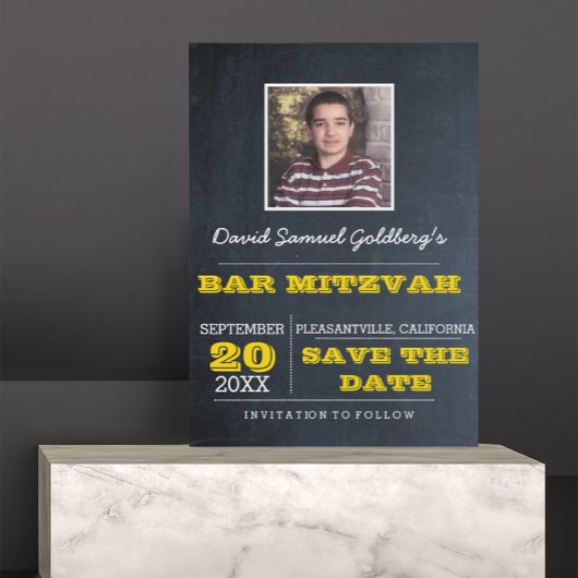 Chalkboard Gold Bar Mitzvah Foto opslaan van de da Aankondigingskaart