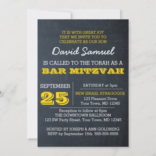 Chalkboard Gold Bar Mitzvah Uitnodiging (Voorkant)