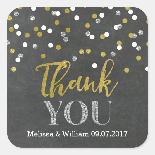Chalkboard Gold Confetti Wedding Favor Labels (Voorkant)