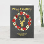 Chalkboard Gold Deer Wreater Kerstleraar Feestdagen Kaart<br><div class="desc">Vrolijk kerstfeest voor leraren wenskaart met een rotsvast landscharrelbordpatroon,  rode en witte  bloemkreet en goudherten met geweien.</div>