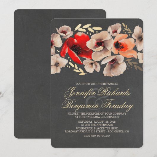 Chalkboard Gold Floral Rustic Wedding Kaart (Voorkant / Achterkant)