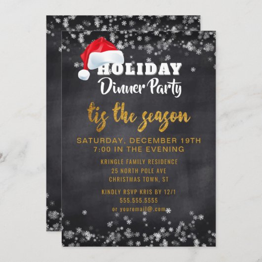 Chalkboard Gold Holiday Dinner Party Uitnodiging (Voorkant / Achterkant)