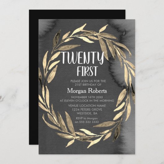 Chalkboard Gold Leaf Wreath 21st Birthday Party Kaart (Voorkant / Achterkant)