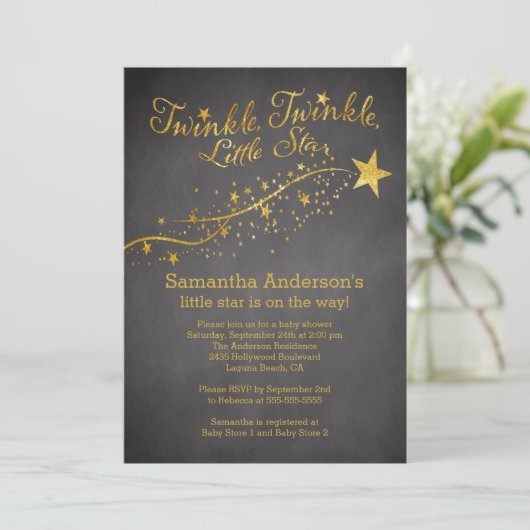 Chalkboard Gold Little Star Baby shower Invitation Kaart (Staand voorkant)