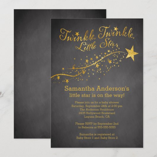 Chalkboard Gold Little Star Baby shower Invitation Kaart (Voorkant / Achterkant)