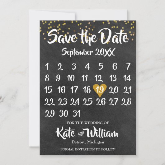 Chalkboard Gold Love Heart Calendar Bewaar de datu Save The Date (Voorkant)
