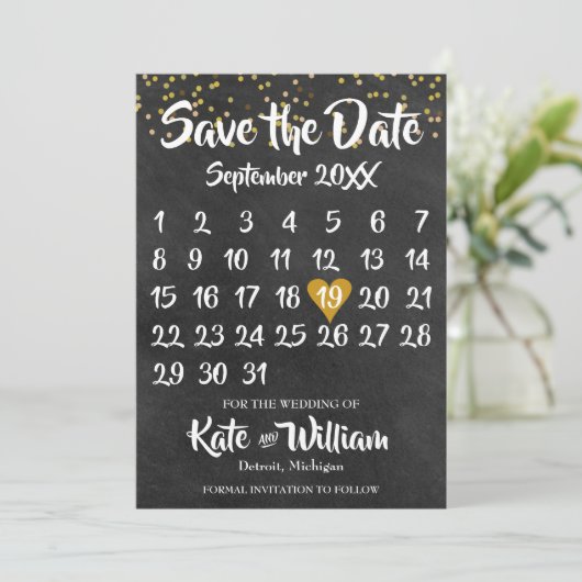 Chalkboard Gold Love Heart Calendar Bewaar de datu Save The Date (Staand voorkant)