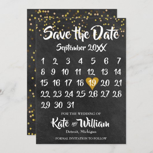 Chalkboard Gold Love Heart Calendar Bewaar de datu Save The Date (Voorkant / Achterkant)