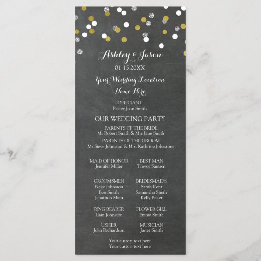 Chalkboard Gold Silver Confetti Wedding Program Programmakaart (Achterkant)