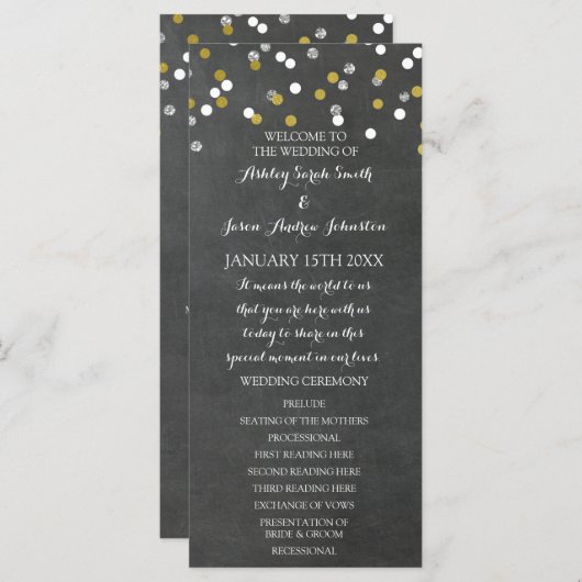 Chalkboard Gold Silver Confetti Wedding Program Programmakaart (Voorkant / Achterkant)