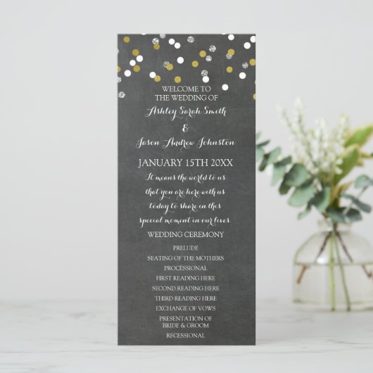 Chalkboard Gold Silver Confetti Wedding Program Programmakaart (Staand voorkant)