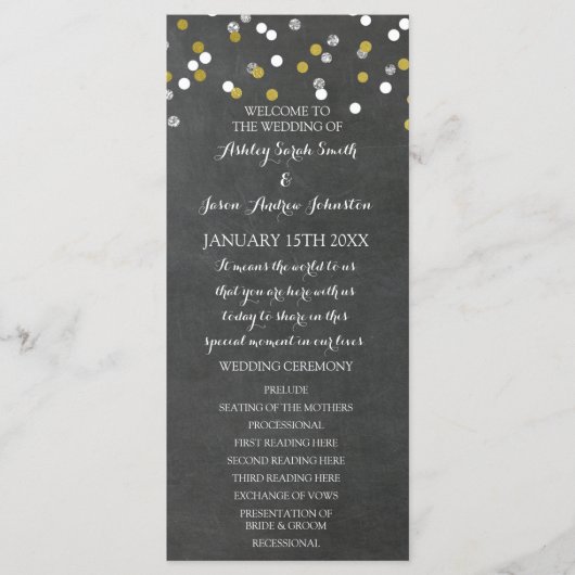 Chalkboard Gold Silver Confetti Wedding Program Programmakaart (Voorkant)