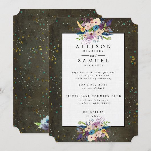 Chalkboard Gold Silver Stars Floral Wedding Kaart (Voorkant / Achterkant)