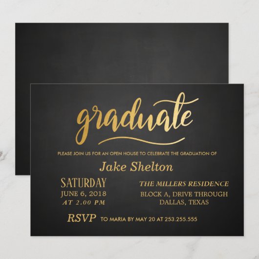 Chalkboard Gold Typography Open House Afstuderen Kaart (Voorkant / Achterkant)