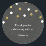 Chalkboard Gold & White Confetti Celebration Party Ronde Sticker<br><div class="desc">Chalkboard Gold & White Confetti Celebration Party Favor Stickers. Aanpassen met elke tekst. Overeenkomende objecten beschikbaar.</div>