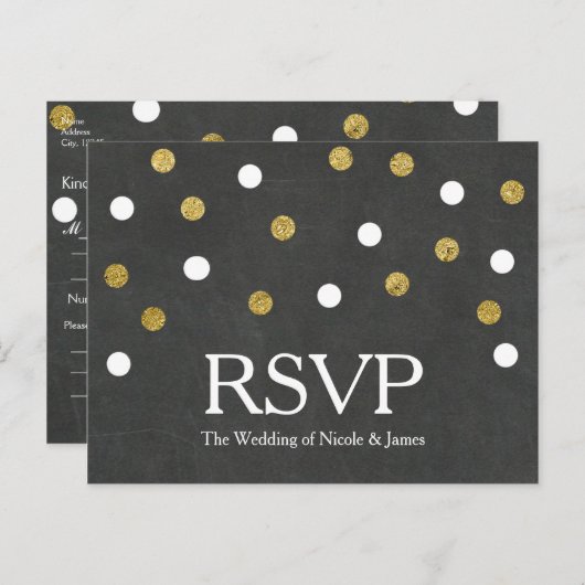 Chalkboard Gold & White Confetti Party RSVP Uitnodiging Briefkaart (Voorkant / Achterkant)