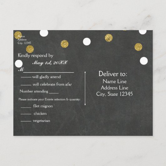 Chalkboard Gold & White Confetti Party RSVP Uitnodiging Briefkaart (Achterkant)