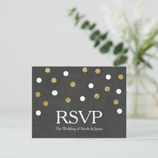 Chalkboard Gold & White Confetti Party RSVP Uitnodiging Briefkaart (Staand voorkant)