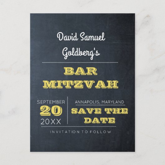Chalkboard Golden Bar Mitzvah Sla de datum op Aankondigingskaart (Voorkant)