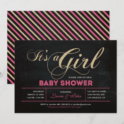 Chalkboard, goud | Typografie Girl-Baby shower Kaart (Voorkant / Achterkant)