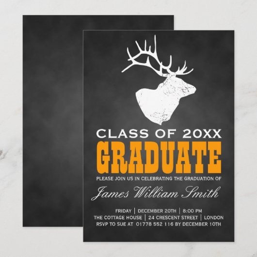 Chalkboard Graduation Party Deer Black Sinaasappel Kaart (Voorkant / Achterkant)