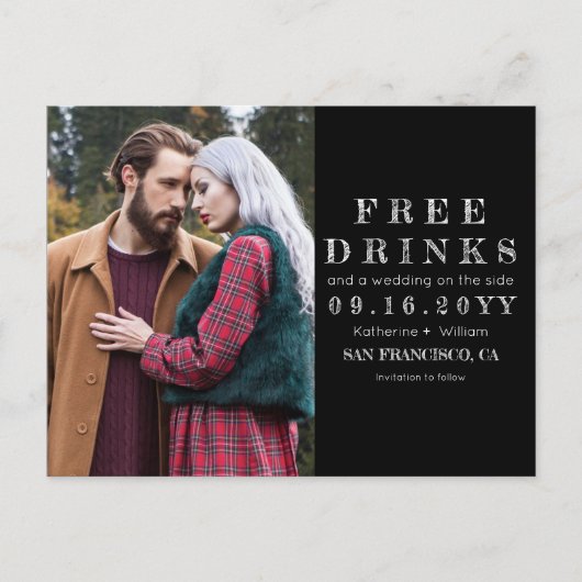 Chalkboard Gratis Drinken Trouwfoto Sla de datum o Aankondigingskaart (Voorkant)