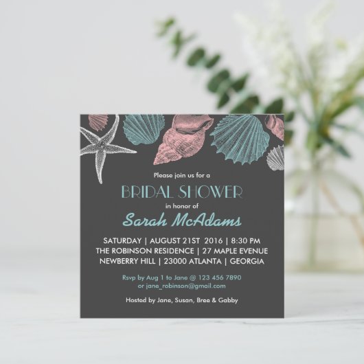 Chalkboard Gray Zee Shell Bridal Shower Invitation Kaart (Staand voorkant)