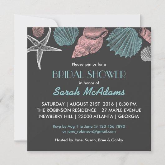 Chalkboard Gray Zee Shell Bridal Shower Invitation Kaart (Voorkant)