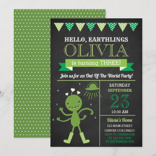 Chalkboard Green Alien Birthday Party Invitation Kaart