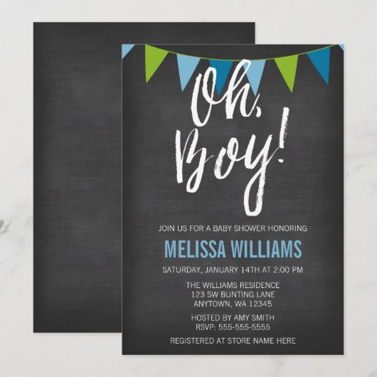 Chalkboard Green Blue Bunting Boy Baby shower Kaart (Voorkant / Achterkant)