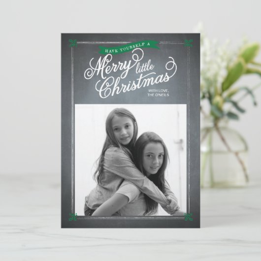 Chalkboard Green Mistletoe Holiday Photo Card Feestdagenkaart (Staand voorkant)