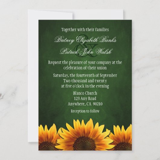 Chalkboard Green Sunflower Wedding Invitting Kaart (Achterkant)