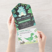 Chalkboard Greenery Cute Blauwgroen Dinosaur Baby  All In One Uitnodiging (Afscheurbaar)