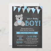 Chalkboard Grey Teddy Bear Boy Baby shower Kaart (Voorkant)