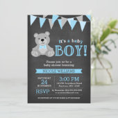 Chalkboard Grey Teddy Bear Boy Baby shower Kaart (Staand voorkant)