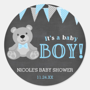 Chalkboard Grey Teddy Bear Boy Baby shower Ronde Sticker