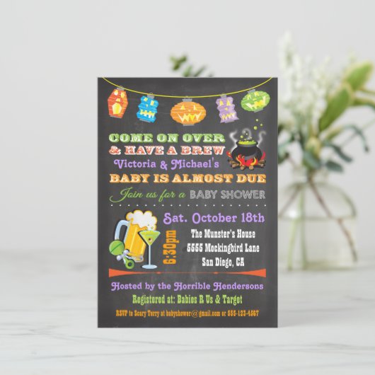 Chalkboard Halloween Baby Shower Invitations Kaart (Staand voorkant)